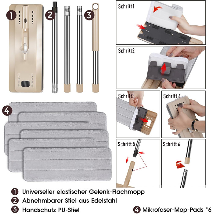 Набір для миття підлоги з відром, Masthome, компактний, з віджимом, 3 мікрофібрових насадок, нержавіюча сталь, 2 в 1, для дерев'яних, плиткових та мармурових підлог (Бежевий)