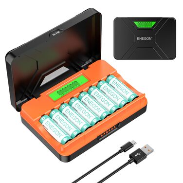 Зарядний пристрій ENEGON 8-Fach для AA/AAA акумуляторів з LCD дисплеєм + 8 Ni-MH AAA акумуляторів 1100mAh, USB-C станція для пульт дистанційного керування, термометрів та електроніки