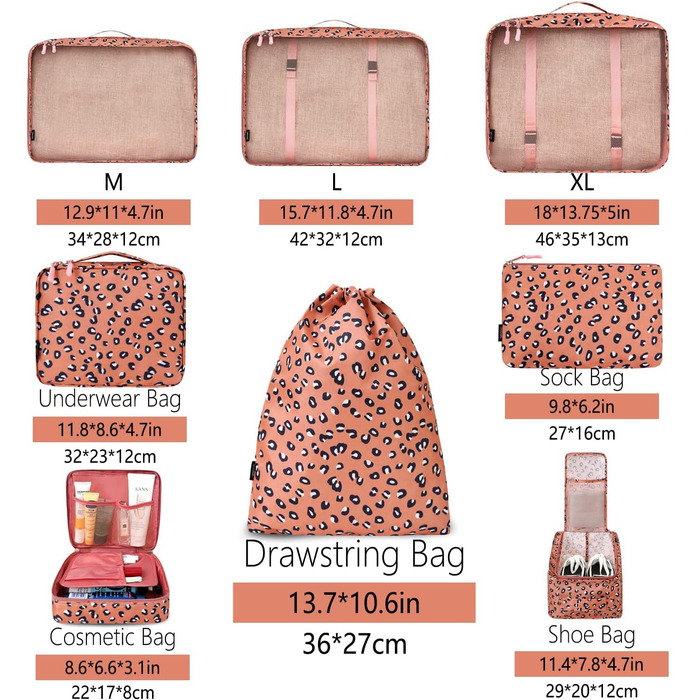 Набір органайзерів для подорожей BAGAIL (8 шт.) - Кубики для пакування валіз, сумка-організатор, Leopard Print