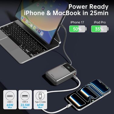 Power Bank Hichain 65W 20000mAh з кабелем USB-C, LED дисплей, чорний - для MacBook, iPhone, Samsung, iPad