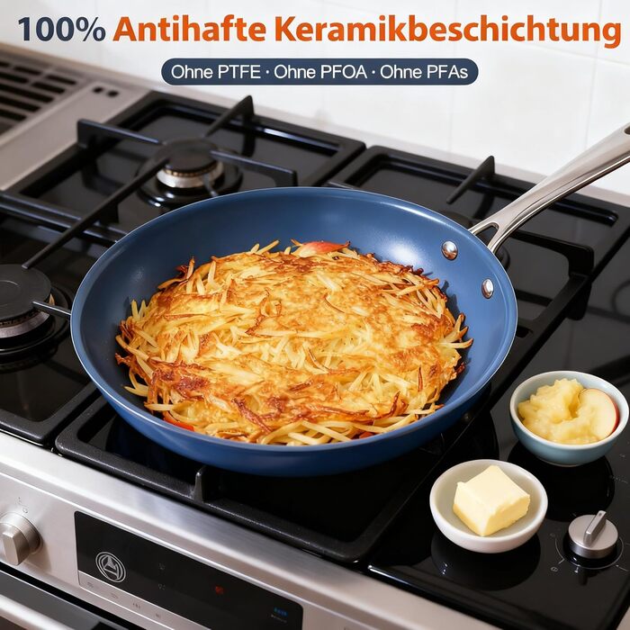 Сковорода з нержавіючої сталі з антипригарним покриттям Creamic, 20 см, без PFOA, PTFE та PFAS, для здорового харчування, сумісна з індукцією, електрикою та газом