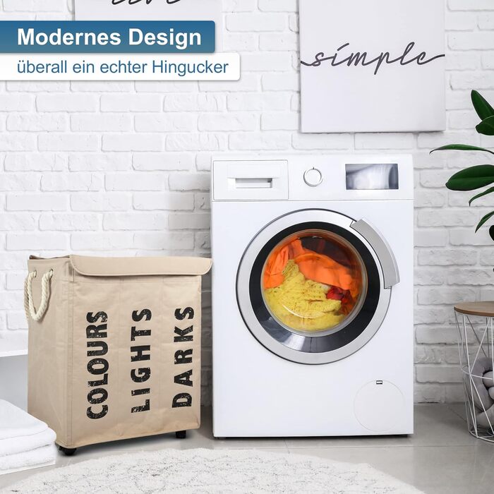osoltus Laundry Box - Laundry Sorter with Lid & Wheels - Bathroom Organizer - Laundry Basket - Laundry Chest - Bathroom Laundry Sorting System - Sand