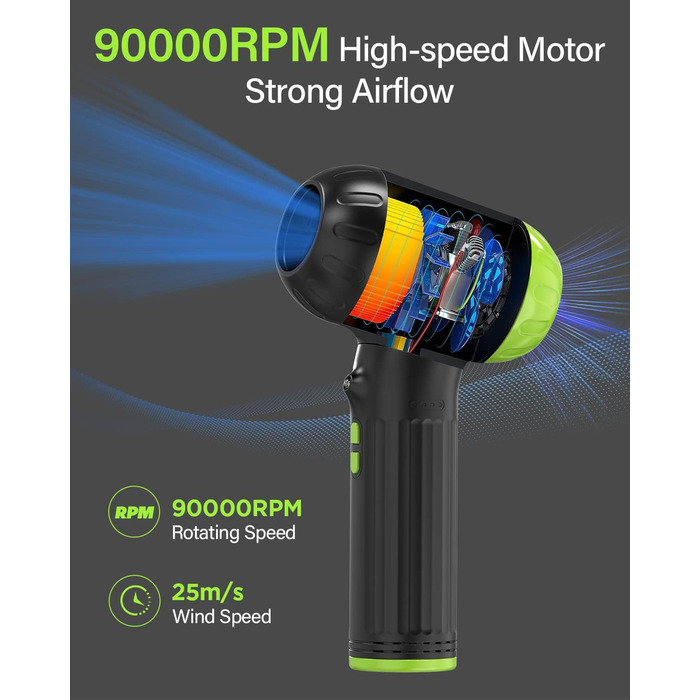 Електричний пилосос для повітря з HD-дисплеєм - Air Duster 200000 RPM з LED-підсвічуванням, міні-турбіна на акумуляторі, спрей для чищення ПК, повітряна турбіна для клавіатури, дому, авто, W06 (сірий та зелений)