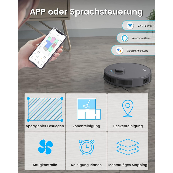 Робот-пилосос LEFANT M1 з функцією миття підлоги, 5500Pa, 200 хвилин роботи, мультимапінг, зони заборони, для шерсті тварин, килимів та твердих підлог