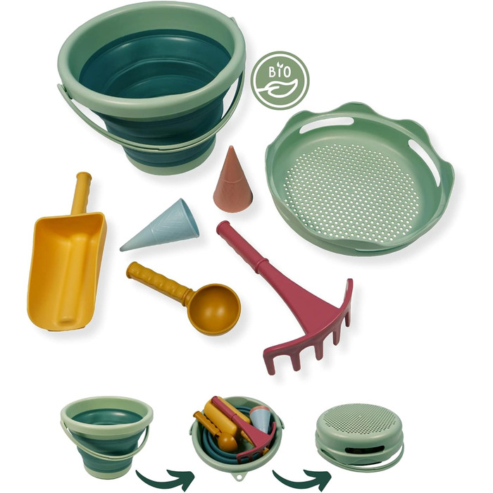 Schildkröt® 7in1 Sand Toys Set in Bio-Quality: Innovative sand-playing set with 6 tools made from sugar cane for digging, shaping, sifting, and raking, foldable 3-liter bucket
