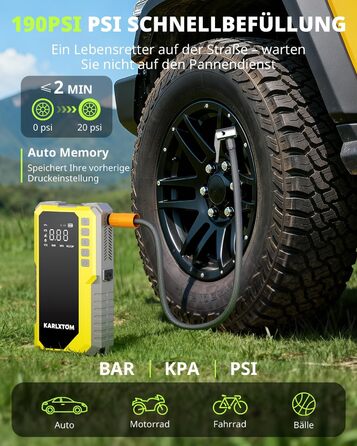 Powerbank для авто Karlxtom з компресором 190PSI, 88Wh, 4500A, LED-ліхтар, LCD-дисплей, для бензинових та дизельних двигунів (до 10L)