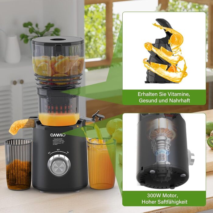 Шнекова соковижималка OMMO Slow Juicer для овочів та фруктів, 300 Вт, чорна