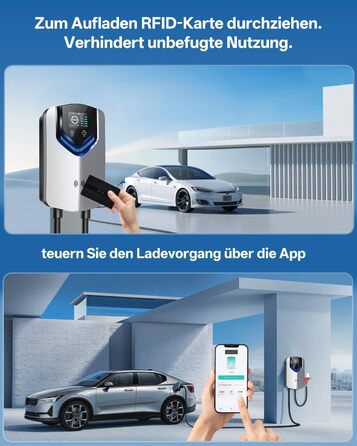 Wallbox 11 кВт з APP та RFID – Зарядний пристрій для електромобілів Typ 2 400V, 6-16A, кабель 8м з тримачем, RCD Typ B, IP54, програмування часу – для BEV/PHEV