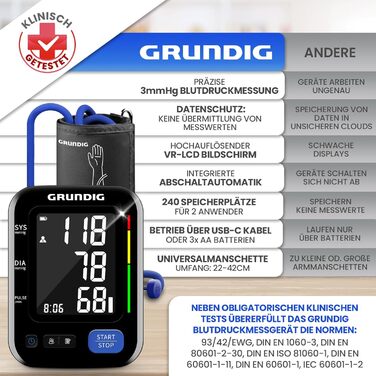 Тонометр GRUNDIG для вимірювання артеріального тиску на плечі - високоточний, простий у використанні, з визначенням аритмії та оцінкою ризику, контроль положення манжети (без батарей)