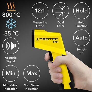 Інфрачервоний термометр Trotec BP21 – Лазерний пірометр з визначенням точки роси, діапазон вимірювання -35°C до +800°C