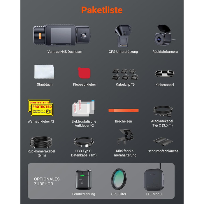 Автомобільний відеореєстратор VANTRUE N4S 3-канальний (2.7K+2.5K+1440P), STARVIS 2 HDR, нічна зйомка, 5GHz Wi-Fi, GPS, 24г паркування, G-сенсор, підтримка 1ТБ, для авто