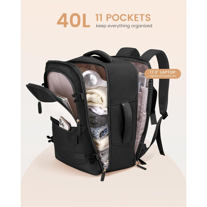 LOVEVOOK Рюкзак для ручної поклажі 40L, для подорожей, з відділенням для мокрого та сухого, для ноутбука 17.3 дюймів, чорний
