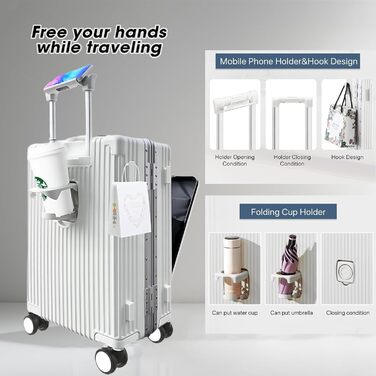 Чемодан ручної поклажі 56 см, 20 дюймів, з алюмінієвим каркасом, PC корпус, 4 колеса, TSA замок, USB-порт, тримач для напоїв, білий
