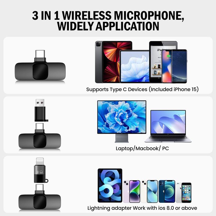 Бездротовий петличний мікрофон з 4 режимами запису для телефону, iPhone, Android та ПК – міні-мікрофон для відео, Vlog, TikTok, YouTube, стрімінгу та інтерв'ю L3