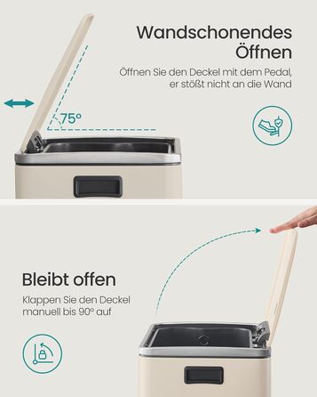 Відро для сміття SONGMICS 50 л, нержавіюча сталь, знімний внутрішній відро, Soft-Close, з кришкою та ручками, кремовий (LTB595E01)