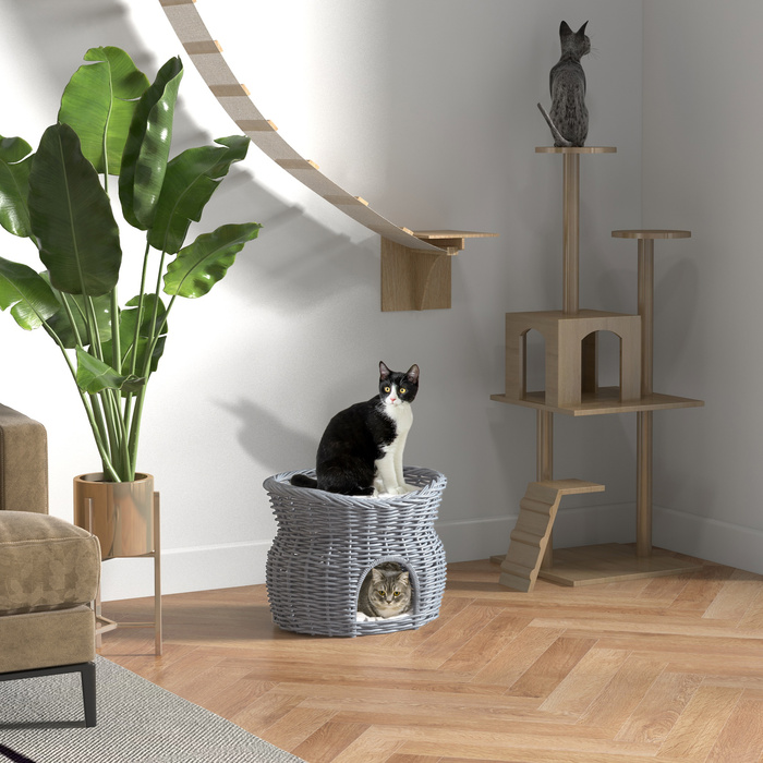 PawHut Ратанна котяча лежанка елегантна котяча хатинка з подушкою та дахом для відпочинку, ліжко для домашніх тварин з рогожу водяної гірчани, сірого кольору, для вітальні