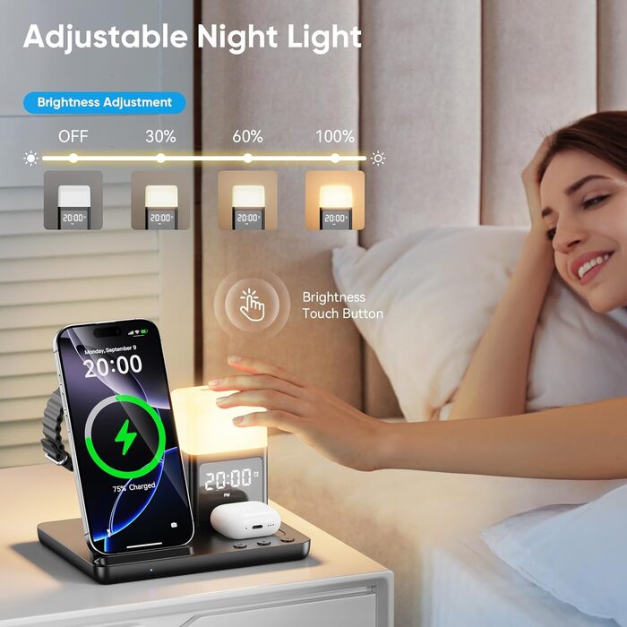 Бездротова зарядка для iPhone 17/16/15/14/13/12, 6-в-1 з нічною лампою та будильником, сумісна з Apple Watch та AirPods (Білий/Чорний)