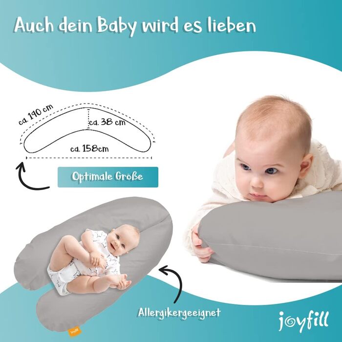 Подушка для вагітних та годування joyfill® 190 см, мікроперлини, сірий, виготовлено в Німеччині, ідеальна для сну та годування, тиха і зручна наповнювач XXL
