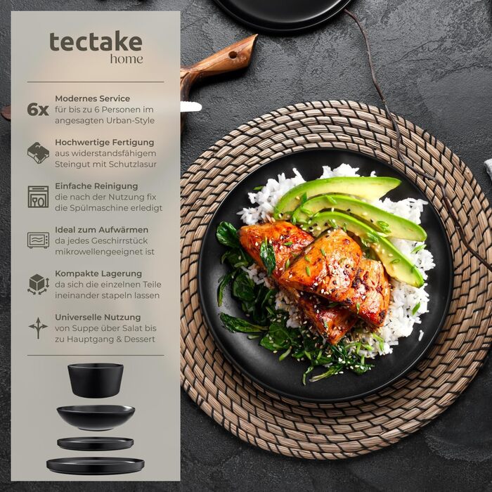 Набір посуду Tectake® для 6 осіб, 24 елементи: чорний набір посуду з кераміки, тарілки, миски, глибокі тарілки та тарілки для сніданку