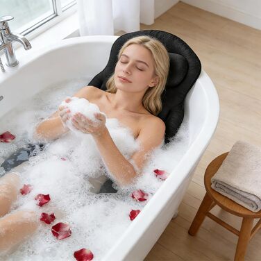 Подушка для ванни Ganz Körper (Чорна) з підголовником для підтримки шиї, спини та ніг. Товста ванна килимок з присосками та гачками.