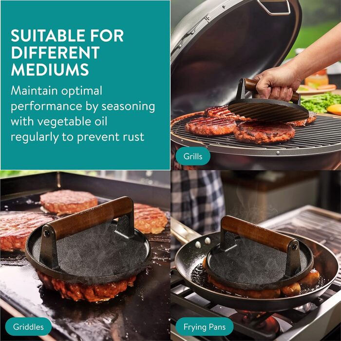 Navaris Smashed Burger Press - Cast Iron Burger Press - Prepare Burgers Healthy and Delicious - Grill Press - Meat Press - 17.5 x 17.5 cm - Round Cast Iron