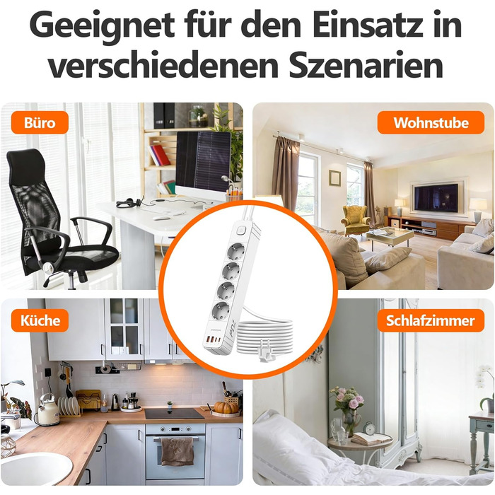 Мережевий фільтр 4 розетки з 2 USB-A та 2 USB-C (PD20W), захист від перенапруги, вимикач, 2м кабель, для дому/офісу, білий