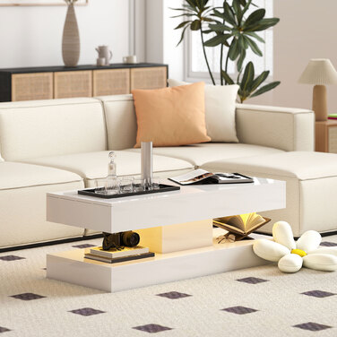 HOMCOM Living Room Coffee Table with Drawers and LED Lights, Modern Sofa Table with Open Storage, Coffee Table, Particleboard, White