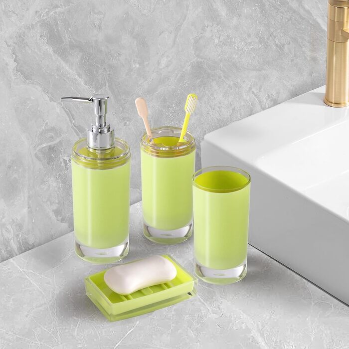 Acrylic Bathroom Accessories Set, Lotion/Soap Dispenser, Soap Dish, Toothbrush Holder, Tumbler, Toilet Brush and Holder, Modern Bathroom Decoration and Housewarming Gift Set, Orange, 5-Piece (Green-5)