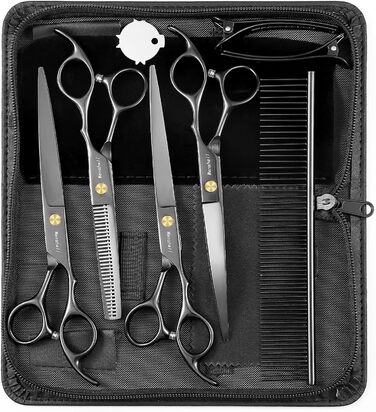 Набір професійних ножиць для грумінгу собак 5шт (прямі, вигнуті, для розрідження), чорний