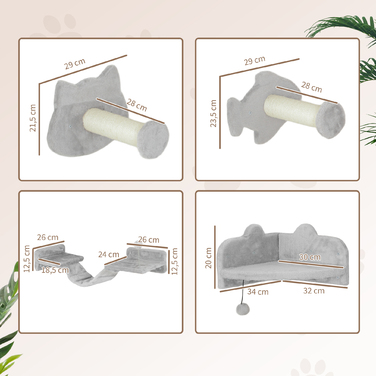 PawHut Cat Climbing Wall Set, 4-Piece Cat Furniture with Steps, Ladder, Jumping Towers, Scratching Posts, Play Ball, Sisal, for Cats up to 5 kg, Light Gray | Aosom