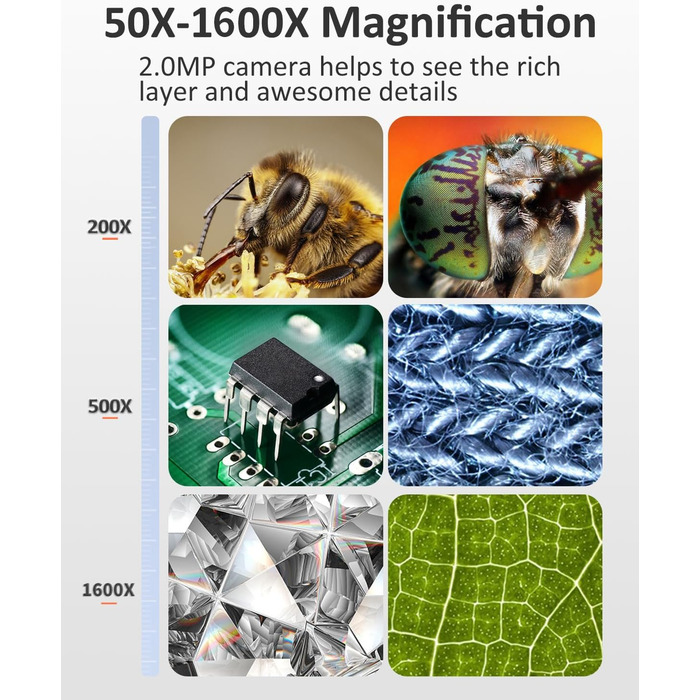 USB мікроскоп для смартфона, 1080P HD, 10-200x, з LED підсвічуванням, сумісний з iOS, Android, Tablet
