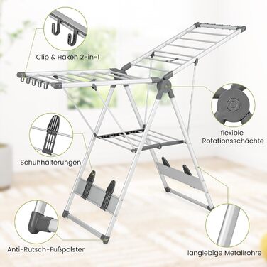 Стійка для сушіння білизни COSTWAY розкладна, сушилка для одягу висувна, з регульованою висотою та крилами, з полицею для взуття, для дому та вулиці (оновлена версія)