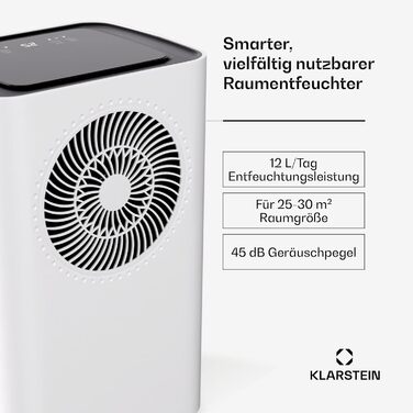 Зволожувач повітря Klarstein CircleDry 12L Smart з Wi-Fi, тихий (38dB), таймер 24г, безперервна злив, контроль вологості, для приміщень до 24м², білий