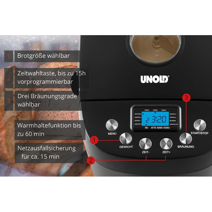 Unold 68525 BACKMEISTER Big Black: хлібопечка для 1.5 кг, 15 програм, без глютену, таймер, підігрів, LCD дисплей