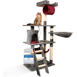 Кігтеточка для котів Foxdevil від xonic® - стабільна, багатофункціональна з платформою, гамаком, будиночком, іграшкою та сходами (141 см, сірий/червоний)