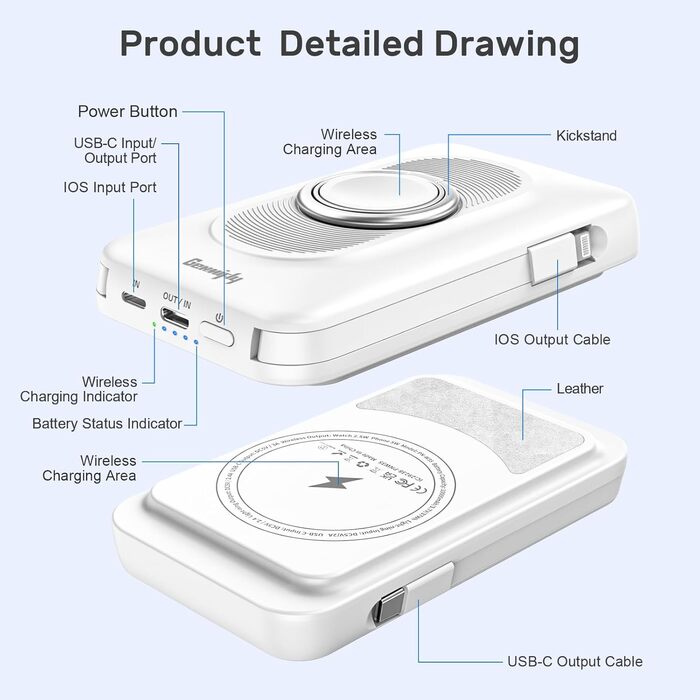 Power Bank 5-в-1 з 2 кабелями, 10000 mAh, магнітна бездротова батарея з кріпленням та підставкою, швидка зарядка, зовнішній акумулятор для iPhone 16/15/14/13, iWatch, подорожі, кемпінг, на вулицю