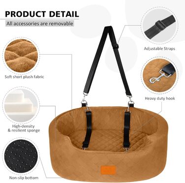 Dog Car Seat for Medium/Large Dogs (Up to 25kg) or 2 Small Dogs - with Safety Leashes & Washable Cushion - Rear Seat (Coffee Color)