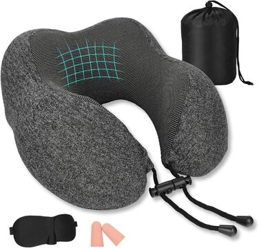 Подушка для шиї з Memory Foam, підтримка голови, набір для подорожей: маска для сну, навушники, чохол, м'яка подушка для сну в авто, літаку, офісі та вдома (Сірий)