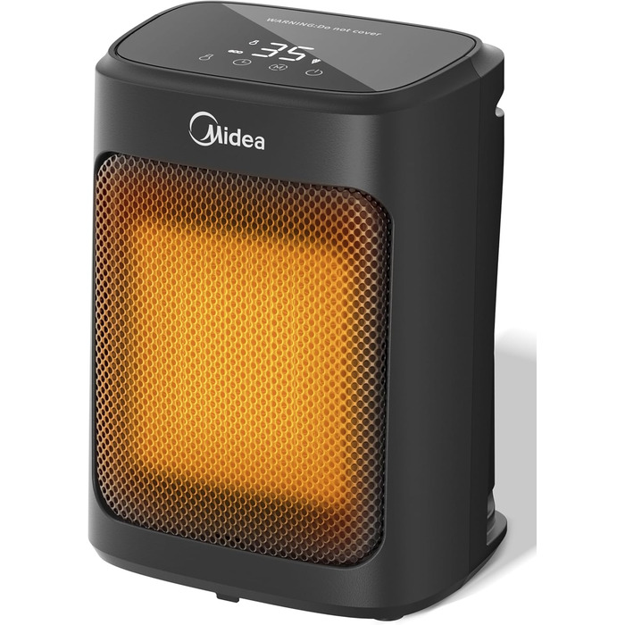 Електричний обігрівач Midea Ceramic 2000W з термостатом, 3 режими, таймер 24г, захист від перегріву та перекидання, миттєве тепло для офісу та спальні, 22 см, чорний