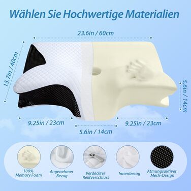 Ергономічна подушка для шиї та голови HOMCA 2 в 1 з ефектом пам'яті (Memory Foam) для всіх позицій сну, 60x40x12/14 см, чорна