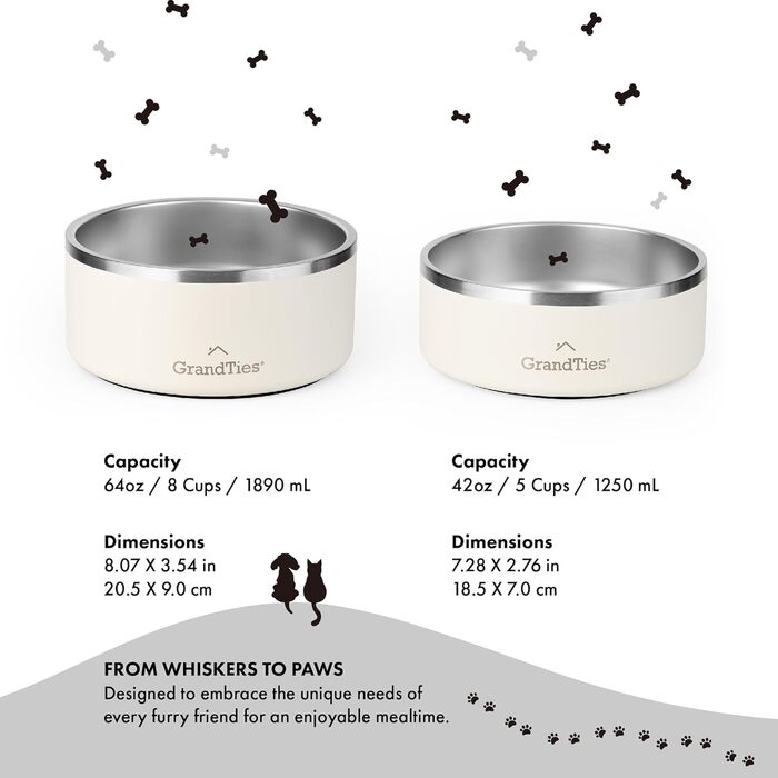 Нержавійна миска для собак та котів GrandTies з гравіюванням, велика (1890 мл), BPA-free, ізольована, для дому та вулиці