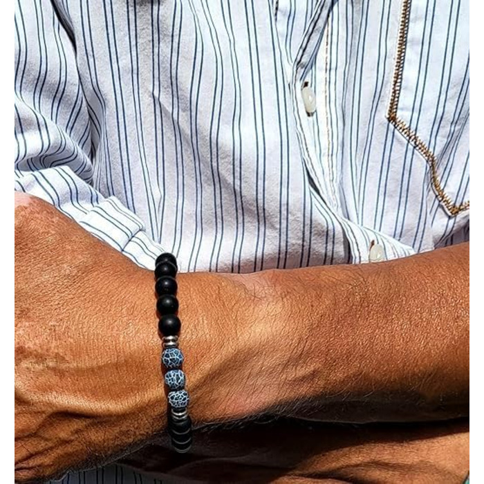 Браслет чоловічий 9 O'Clock Perlenarmband з оніксу 8 мм, чорний. Чоловіча біжутерія ручної роботи, еластичний браслет з натурального каменю, Німеччина. Подарунок для чоловіка.