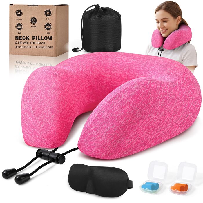 Подушка для подорожей Kobete з ефектом пам'яті (Memory Foam) для шиї, набір для сну в літаку, авто, поїзді: 3D-маска для сну, беруші та сумка (Рожевий)