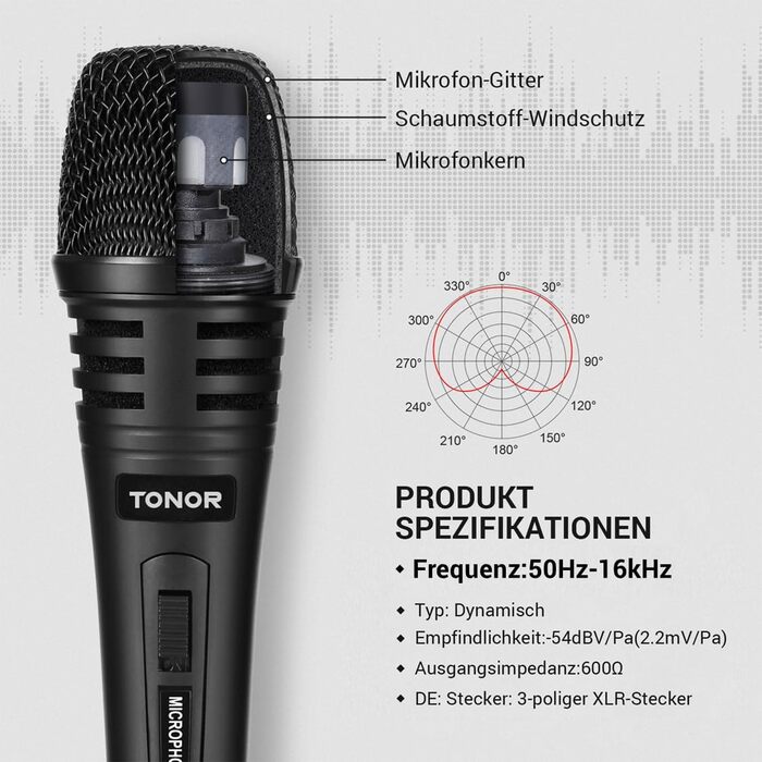 Динамічний мікрофон TONOR з XLR кабелем 5м та адаптером 6.35мм для караоке, сцени, студії та домашнього використання. Чорний