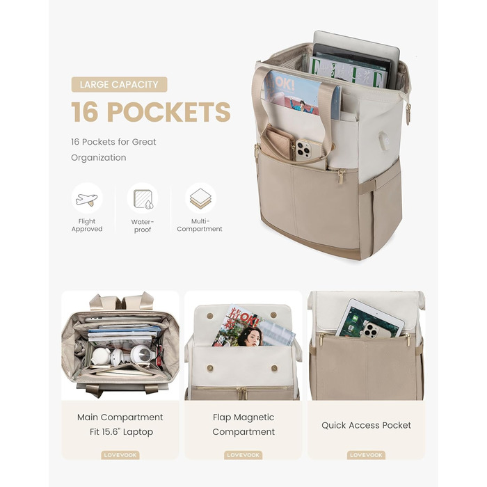 Сумка-рюкзак LOVEVOOK для жінок, водонепроникний рюкзак для ноутбука, шкільна сумка для підлітків, елегантний рюкзак для щодня, 15.6 дюймів, сумка для роботи, сумка для вчителя, рюкзак для подорожей, бежевий та хакі