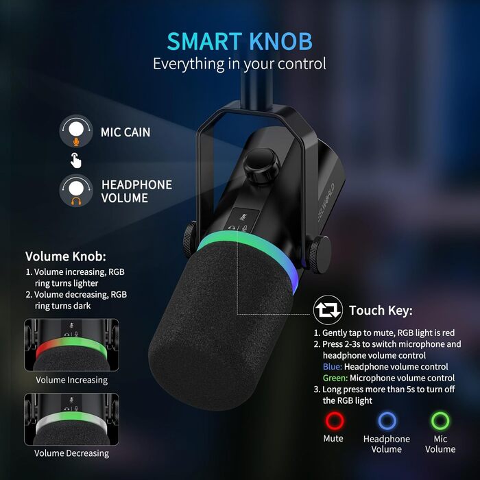 FEELWORLD PM1 Динамічний мікрофон XLR/USB з RGB-підсвічуванням для запису подкастів, геймінгу та YouTube. Комплект з підсвічуванням, навушником, підставкою та XLR-кабелем