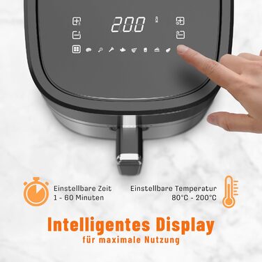 Фритюрниця Noaton з гарячим повітрям 6,2 л, цифровий Air Fryer, 8 програм, 1600 Вт, без олії, регулювання температури 80-200°C, з кулінарною книгою та кухонними щипцями, компактна