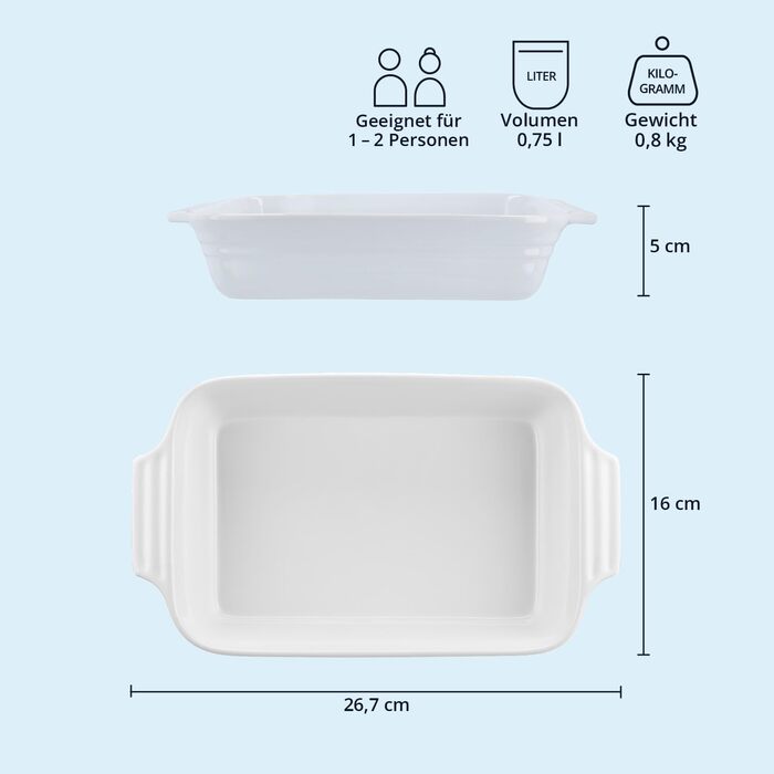 Форма для запікання KHG велика 40 см, об'єм 3 літри, кераміка, для 4-6 осіб, прямокутна, стійка до подряпин, для лазаньї, тірамісу та іншого (1 шт, біла)