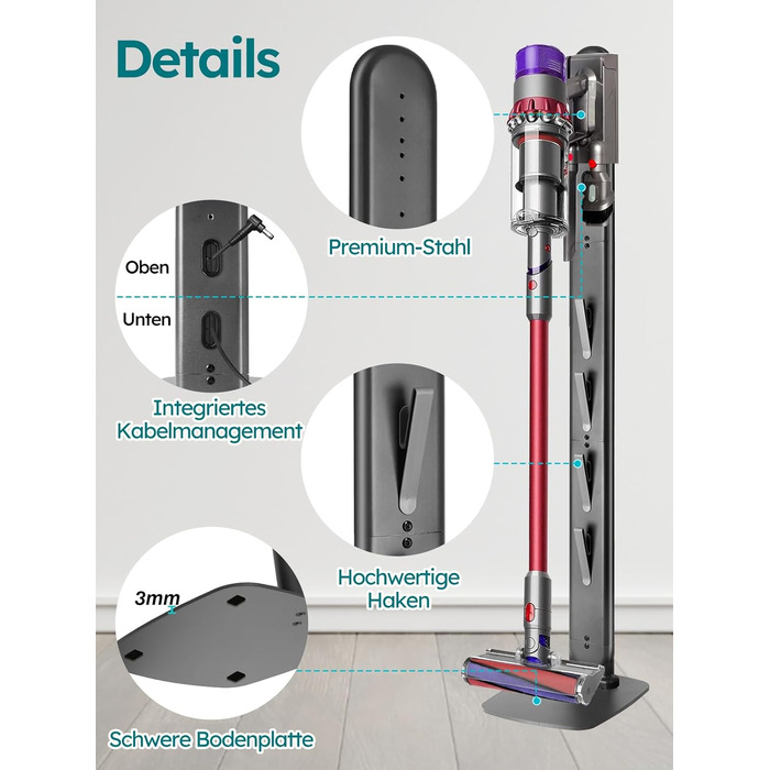 Стійка для пилососів Dyson G5, V15, V12, V11, V10, V8, V7, V6, металева, з 4 гачками та 4 полицями, без свердління, стабільна, підлогова, приховане кріплення кабелю (Темно-сірий)