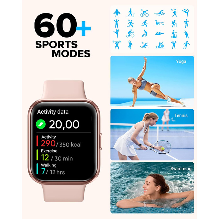 Розумний годинник для жінок з функцією телефону, 1.7' сенсорний екран, крокомір, пульсометр, моніторинг сну, SpO2, нагадування WhatsApp, IP68 водонепроникність, фітнес-трекер, рожевий
